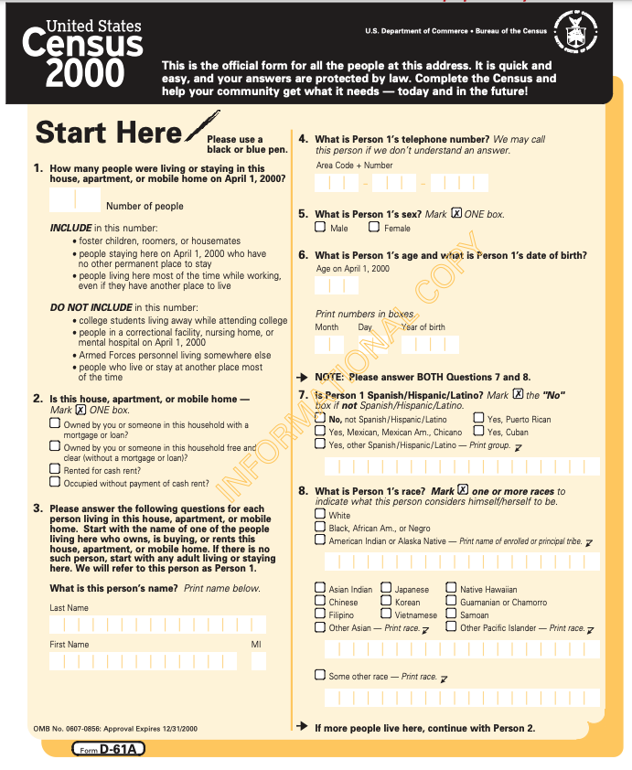A 2000 census questionnaire. Census Bureau.